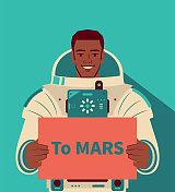 微笑英俊的宇航员(宇航员)不戴头盔，手持“去火星”的标语，探索火星，火星移民，太空旅行和探索，在外太空竞争