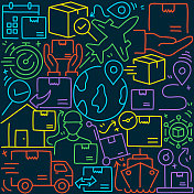 交付和物流相关的涂鸦插图。手绘矢量交付和物流符号和图标。