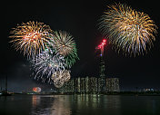 在越南胡志明市，五颜六色的烟花点亮了天空，庆祝2021年新年