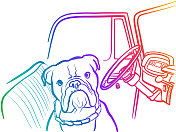 守护卡车彩虹的斗牛犬