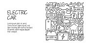 电动汽车相关的涂鸦插图。现代设计矢量插图的网页横幅，网站标题等。