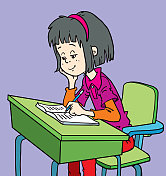 可爱的女孩在她的书桌上写作。矢量插图的一个小女孩的写作和思考。