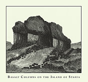 雕刻古董，雕刻古董，斯塔法岛的玄武岩柱，洞穴，冰山，熔岩和岩层雕刻古董插图，1851年出版