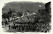 古董:斯蒂文斯将军的旅进入博福特，南卡罗来纳在12月5日晚上，1862年内战雕刻