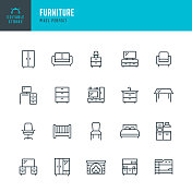 家具-细线矢量图标设置。像素完美。可编辑的中风。一套包含图标:客厅，床，书桌，椅子，厨房，餐桌，沙发，办公椅，书架，扶手椅。