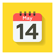 5月14日-日日历图标在平面设计风格。黄色背景。