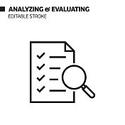 分析和评价线图标，轮廓向量符号插图。