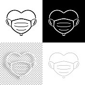 心脏用医用面罩保护。图标设计。空白，白色和黑色背景-线图标