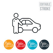 汽车销售员显示汽车细线图标-可编辑的笔触 汽车销售员显示汽车细线图标-可编辑的笔触