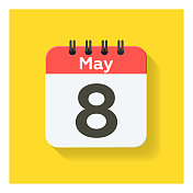 5月8日-日日历图标在平面设计风格。黄色背景。
