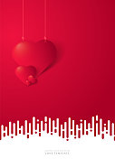 3d红心在红色的背景。一颗心挂在绳索上，以彩色为背景。情人节股票插图