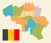 比利时国旗地图。矢量复古插图与区域