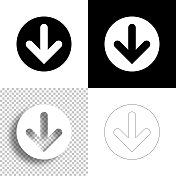 向下箭头按钮。图标设计。空白，白色和黑色背景-线图标