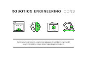 机器人工程相关的平面线图标,轮廓向量符号插图。 机器人工程相关的平面线图标,轮廓向量符号插图。