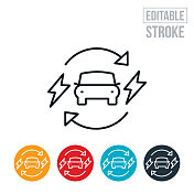 电动汽车细线图标-可编辑的笔触