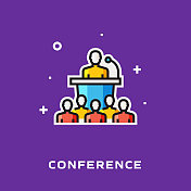 会议平面线图标,轮廓向量符号插图。 会议平面线图标,轮廓向量符号插图。