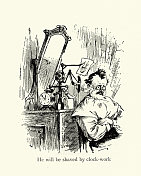 古怪的发明，发条剃须刀，维多利亚时代的卡通19世纪