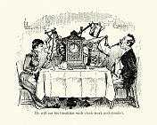 古怪的发明,发条早餐服务器,维多利亚时代的卡通19世纪 古怪的发明,发条早餐服务器,维多利亚时代的卡通19世纪