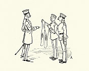 德国军官视察士兵制服的漫画，维多利亚19世纪