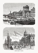 爱尔兰都柏林的历史观点，木刻，出版于1893年