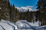 高速公路穿过白雪覆盖的树木和白雪覆盖的山脉