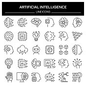一组人工智能相关的线条图标。轮廓符号集合，可编辑的描边