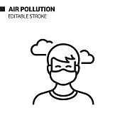 空气污染线图标,轮廓矢量符号说明。 空气污染线图标,轮廓矢量符号说明。
