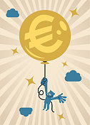 商人拿着一个装满欧元标志(欧盟货币)的气球在天空中飞翔