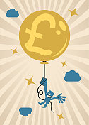 商人举着一个装满英镑的气球在天空中飞翔 商人举着一个装满英镑的气球在天空中飞翔