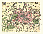 巴黎近郊古董地图，法国，1890年代，19世纪