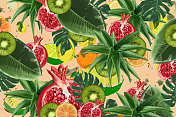 热带水果和树叶背景