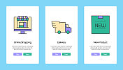 购物和零售概念入门移动应用程序页面屏幕与平面图标。UI设计模板矢量插图