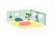 Vector Interior新家居设计舒适的房间，绿色的墙壁和黄色的地板