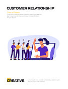 客户关系概念平面设计的海报,封面和横幅。现代平面设计矢量插图。 客户关系概念平面设计的海报,封面和横幅。现代平面设计矢量插图。