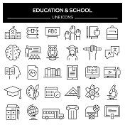 教育和学校相关的行图标集。轮廓符号集合，可编辑的笔画