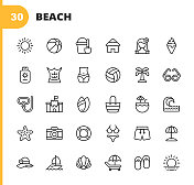 海滩行图标。可编辑的中风。像素完美。移动和网络。包含像太阳，夏天，球，桶，冰淇淋，太阳霜，六包，太阳镜，潜水，沙城堡，鸡尾酒，海浪，冲浪，救生圈，伞，岛屿，热带，夏威夷的图标。