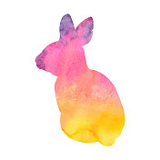 水彩复活节兔子在紫色，粉红色和黄色。