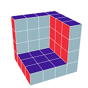 3D渲染4x4x4 = 37固体立方体不同颜色的面，形成墙体形状。与视角。