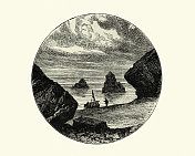 渔民拖着小船上岸，维多利亚时代的19世纪