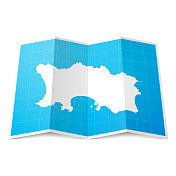 折叠的泽西岛地图，孤立的白色背景
