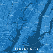 泽西城NJ城市矢量道路地图蓝色文本
