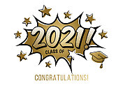 2021届毕业班的概念。数字与毕业帽波普艺术风格的黑色背景。矢量插图。