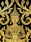 古老的镀金漆花泰国佛教寺庙主题与装饰神话天使。