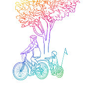 妈妈和学龄前的彩虹骑自行车