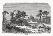 萨迪斯(土耳其萨特)的中世纪城堡，木刻，1868年出版
