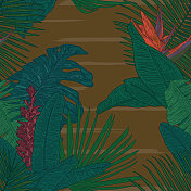 穆迪无缝热带棕榈叶花卉图案背景