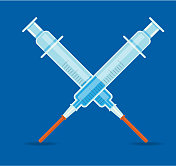 Covid-19流感病毒两支疫苗注射器，蓝色背景图标