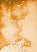 插图油画肖像的女人与长头发的形式的守护天使与翅膀保护她的孩子在背景在阳光和晴朗的天空的深褐色色调