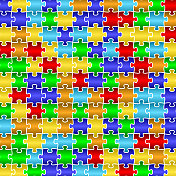 随机的半正方形拼图图案，金属彩虹颜色蓝色到红色，在白色的背景