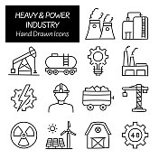 重工业和电力行业相关手绘图标,涂鸦元素矢量插图 重工业和电力行业相关手绘图标,涂鸦元素矢量插图